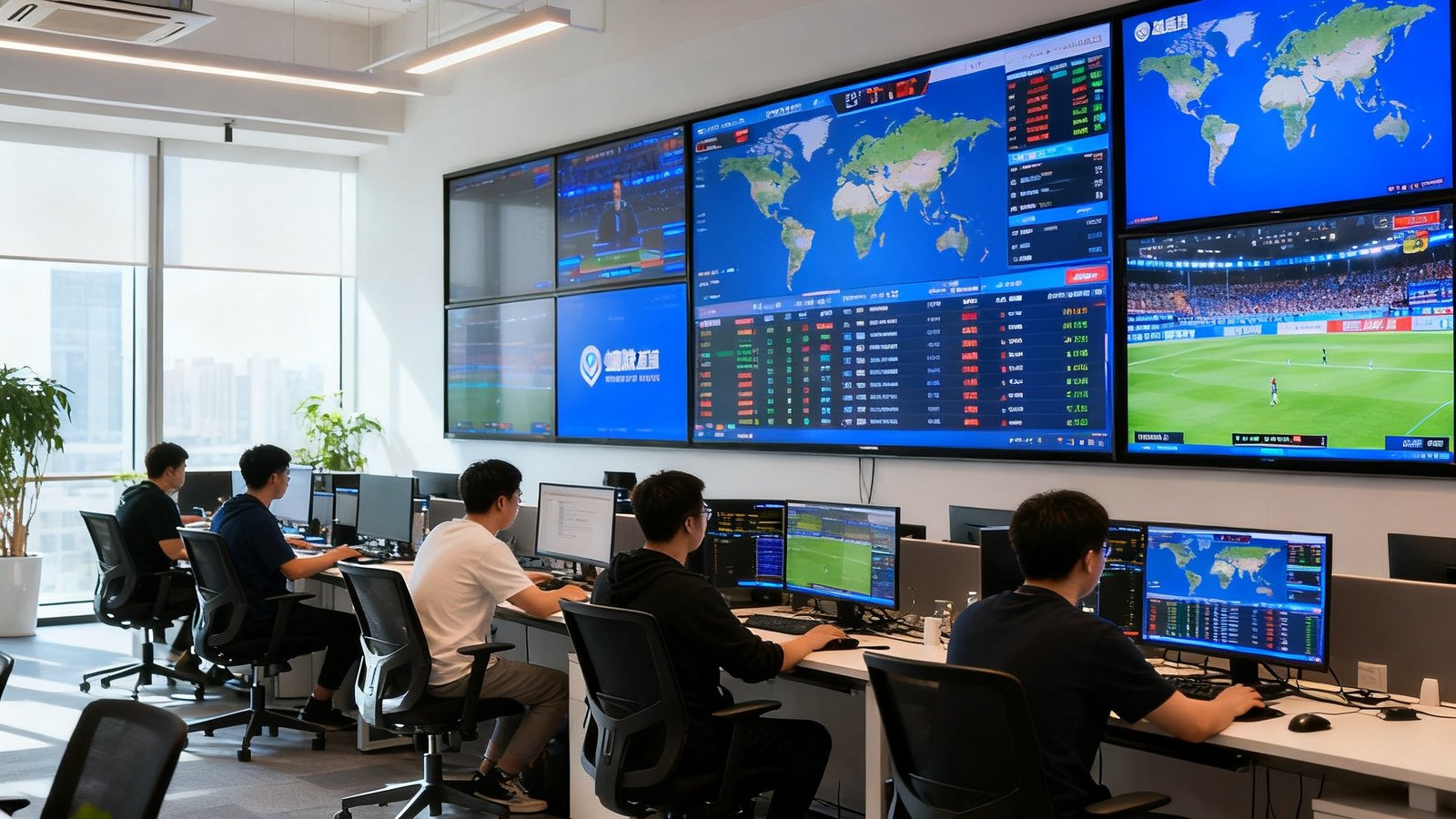 蜘蛛直播北京总部办公室内景，开放办公区墙上多块大屏幕实时显示全球赛事数据，团队成员专注工作