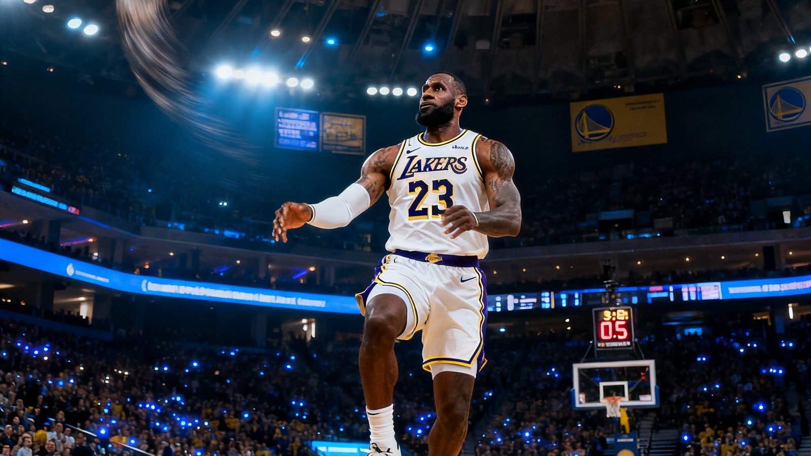 NBA常规赛湖人队勒布朗詹姆斯压哨绝杀勇士队，三分线外起跳出手瞬间