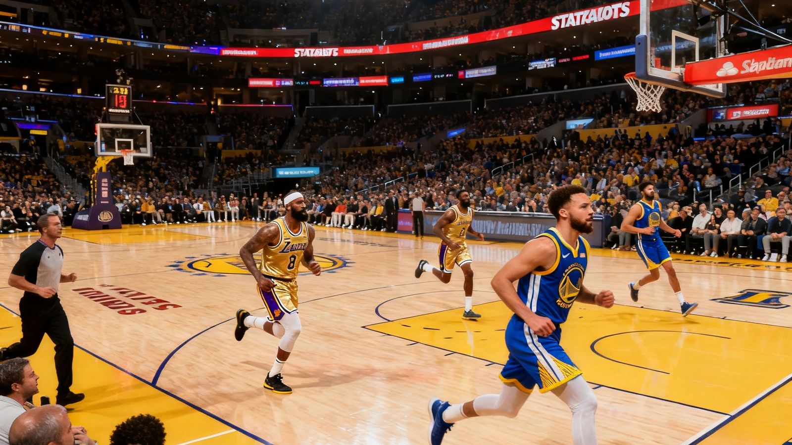 NBA季后赛直播画面，洛杉矶湖人队金色球衣对阵金州勇士队蓝色球衣，斯台普斯中心全景
